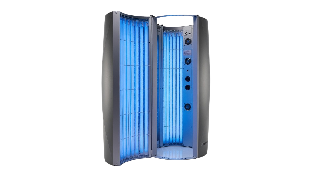 Tansun Sapphire 360 stand-up sunbed open and ready to use